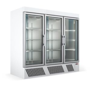 Trokrilni frižider za piće sa staklenim vratima bele boje